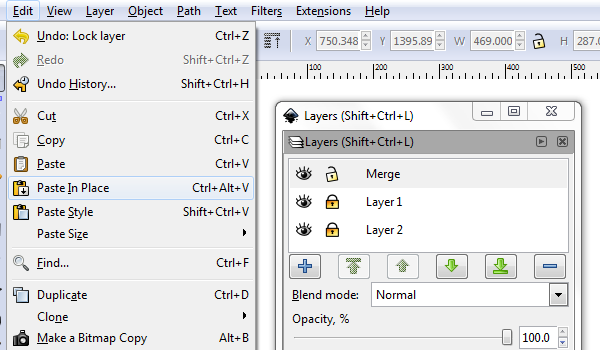 inkscape paste in place
